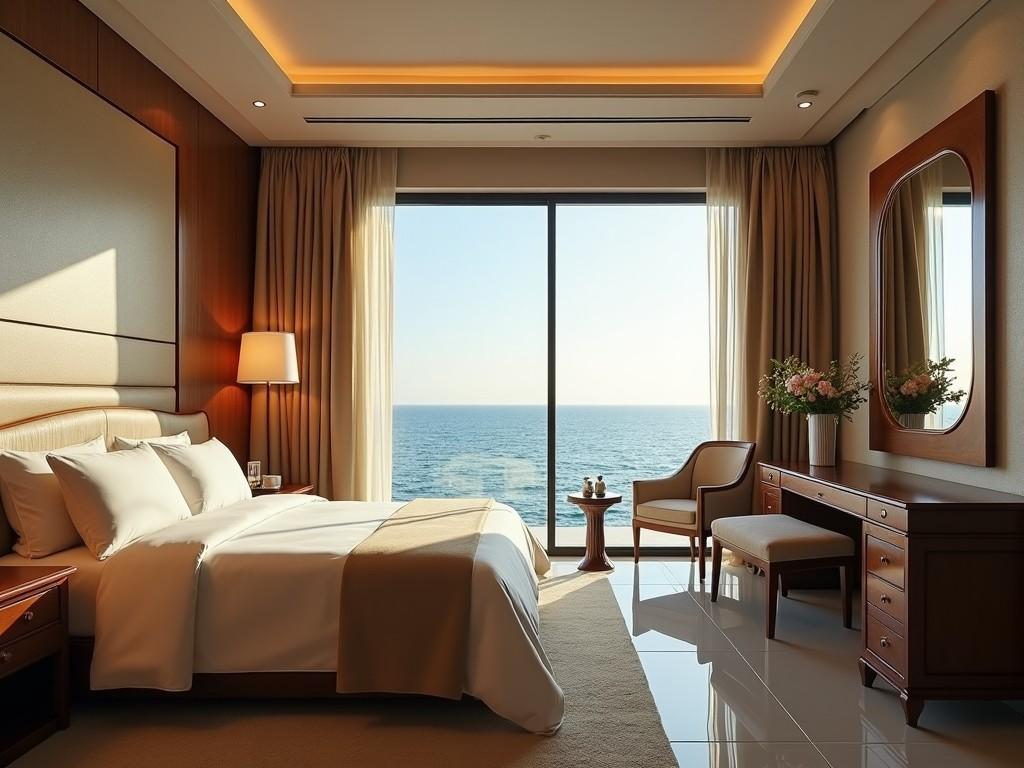 This image showcases a luxurious, elegant bedroom designed for relaxation and comfort. It features a large window that offers a breathtaking view of the serene ocean. The room is filled with tasteful furniture, including a cozy chair and stylish wooden cabinetry. Warm lighting enhances the inviting atmosphere, making it the perfect retreat. Soft beige and cream tones create a calming palette, while the natural wood accents add warmth and sophistication. Overall, this room embodies a perfect escape by the sea.