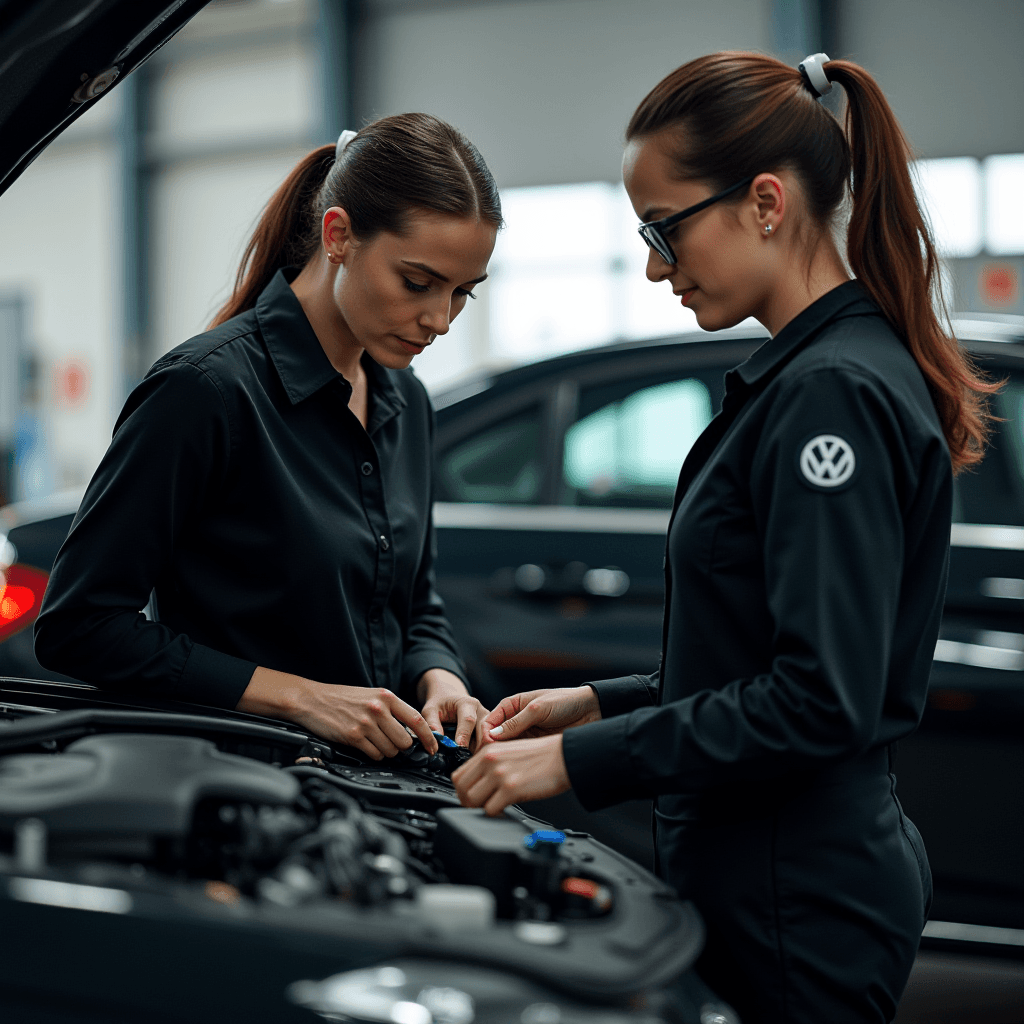 Two women in black uniforms work together on a car engine in a garage.