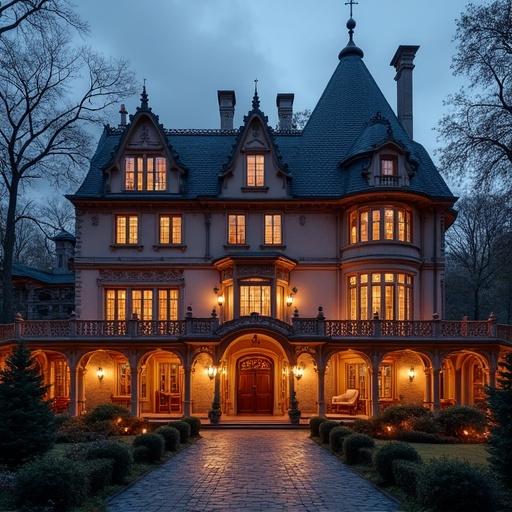 Image of an enchanting grand hotel resembling a mansion. Architectural details are prominent. Warm lighting creates an enchanting evening atmosphere. The grand hotel showcases detailed architecture with warm and inviting light.