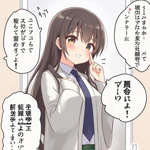 Anime illustration of a female character with long hair and a playful expression speaking. The character is in a school uniform with an inviting pose.