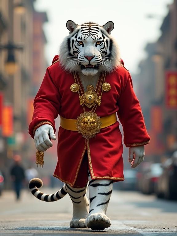 A giant white tiger in a red jacket with golden ornaments walks confidently on a city street