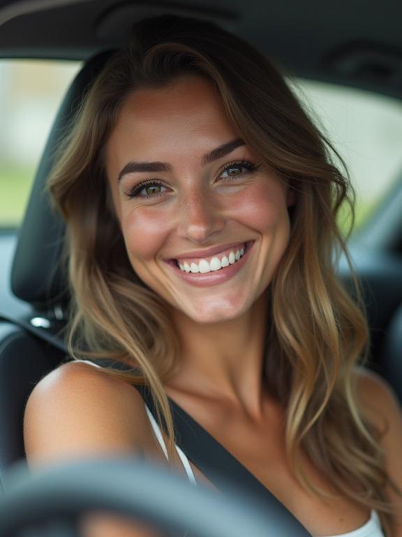 Beautiful woman smiles at the photographer from inside her car. She has an engaging smile and soft features. The background shows the interior of the vehicle.