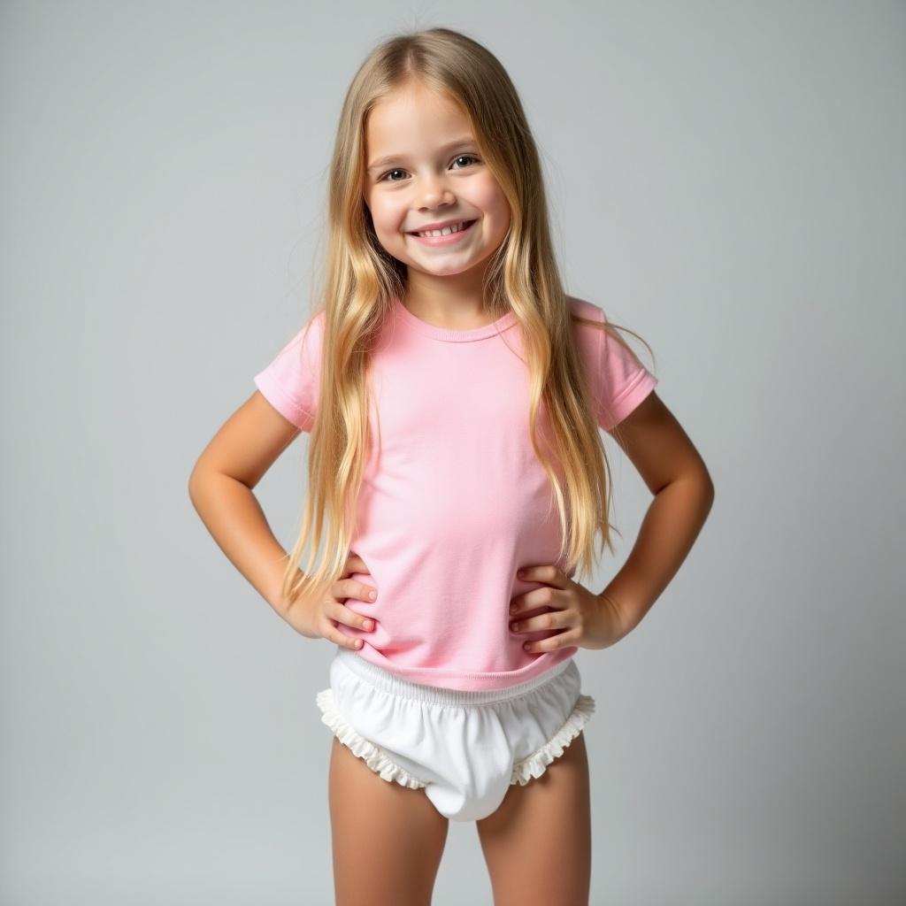 Image features a young girl with long blonde hair. She is dressed in a fitted pink t-shirt and a white diaper. Background is soft gray. Her relaxed stance with one hand on hip exudes confidence. Soft lighting creates an inviting atmosphere enhancing playful nature.