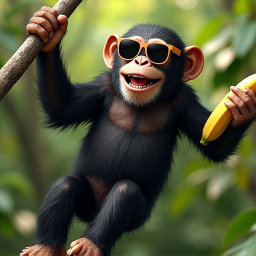 A smiling chimpanzee hangs from a tree branch. Chimp holds a banana with a foot. Chimp wears sunglasses. Bright daylight scene in a jungle. Detailed fur and cinematic lighting.