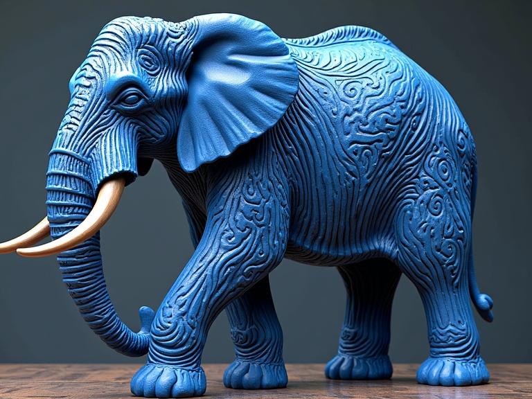 Blue wooden sculpture of an elephant. Majestic male figure. Designs with intricate carvings. Emphasizes smooth textures and artistic patterns.