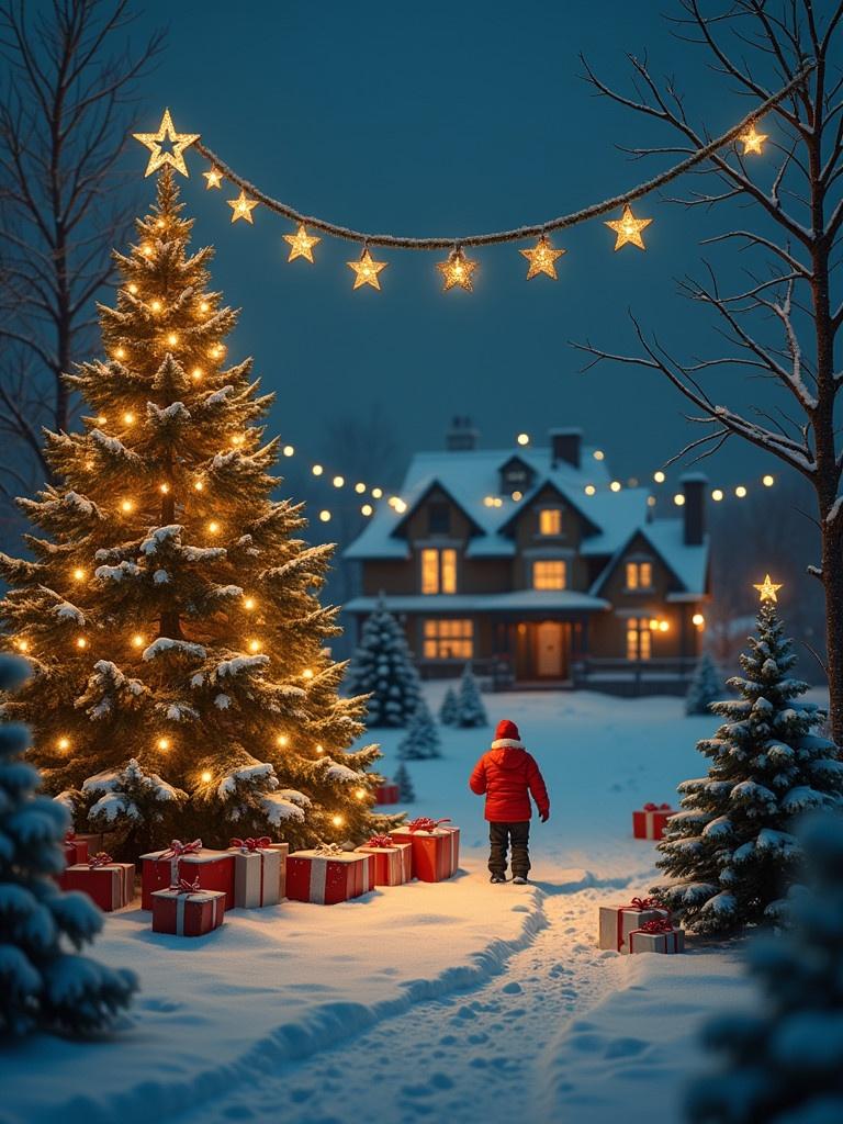 A Christmas scene shows a child in a red coat walking towards a decorated tree. The setting is snowy and features a warm-lit house in the background.