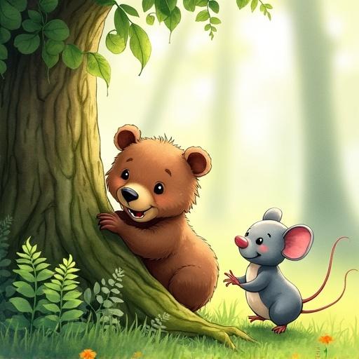 Watercolor illustration of playful bear cub and gray mouse. They play hide and seek among green ferns by a mossy tree trunk. Both animals laugh joyfully under soft filtered light.