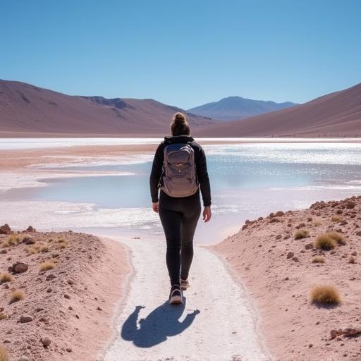 A person trekking through the Uyuni Salt Flats in Bolivia. Scenic landscape with mountains in the background and a reflective water body.