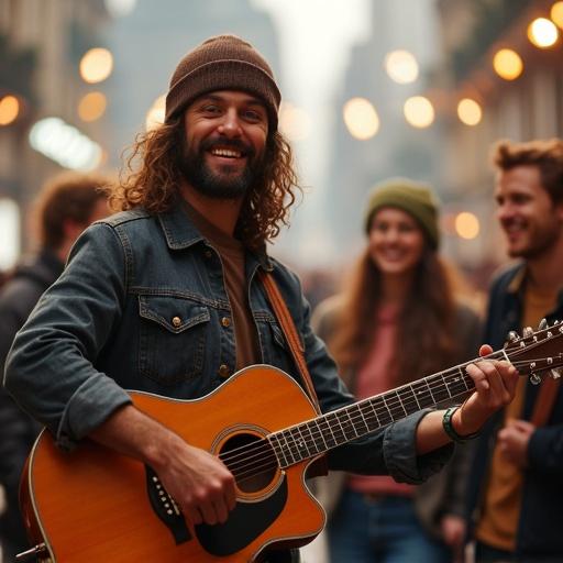 Musician with a guitar stands in a lively setting with friends. The atmosphere is joyful with smiles all around. It captures a moment of camaraderie among artists and music lovers.