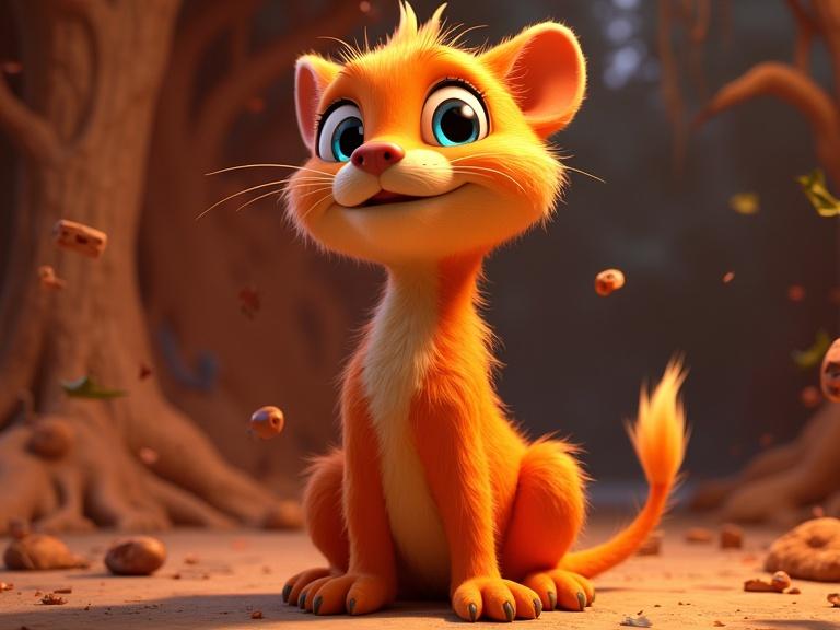 3D animated character sitting with an expression of joy. Bright orange fur and large blue eyes. Set in a whimsical forest environment. Elements like cookies and leaves around the character.