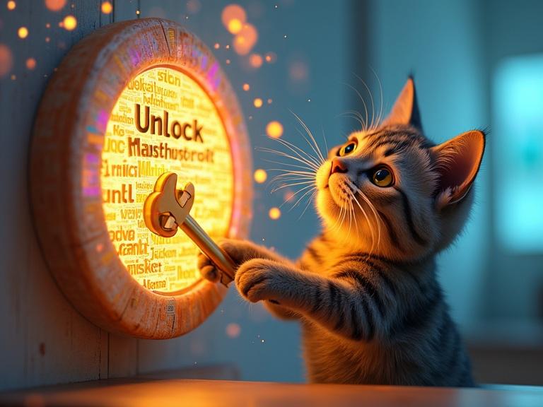 A cat named Kiki interacts with a glowing chat bubble. A golden key labeled 'Unlock' fits into the bubble. The bubble bursts into colorful translations. Kiki celebrates in the foreground.