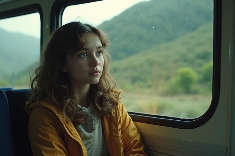 A girl sits by the window on a train. She gazes thoughtfully outside. Beautiful mountainous scenery can be seen outside the train. The camera is fixed and does not capture any movement from her body. The scenery changes continuously.