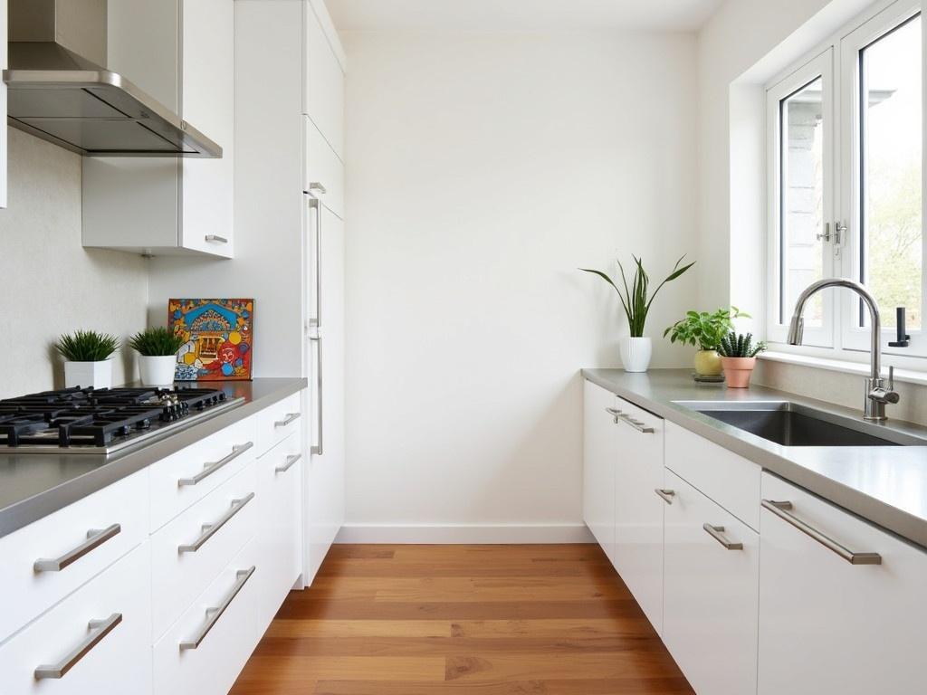 This image shows a modern kitchen design that features sleek, white cabinetry with stainless steel handles. The countertops are also made of stainless steel, complementing the minimalist aesthetic of the kitchen. There are several small green plants placed on the countertop, adding a touch of nature to the space. A colorful cookbook is resting against the wall, providing a pop of color against the neutral tones of the kitchen. The flooring is made of polished wood, giving the room warmth and richness. The overall ambiance is clean, organized, and inviting, perfect for cooking and entertaining.