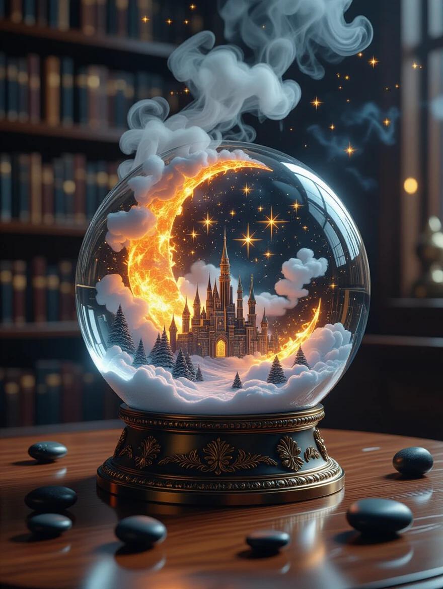A library table holds a glass snow globe. Fire and smoke rise inside the globe. A city appears in the clouds. Stars sparkle in the background. Black stones rest around the globe. The crescent moon shape flows with clouds and fire. Potions hover in the air. A magical atmosphere fills the scene.