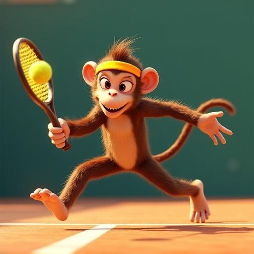 Nimble monkey tennis player executing a fast volley. Glistening eyes demonstrate focus. Brightly colored headband worn. Soft detailed fur typical of DreamWorks design. Dynamic motion shown with exaggerated limbs. Playful yet determined expression visible. Indoor tennis court displayed with soft lighting. 3D render and energetic animation style.