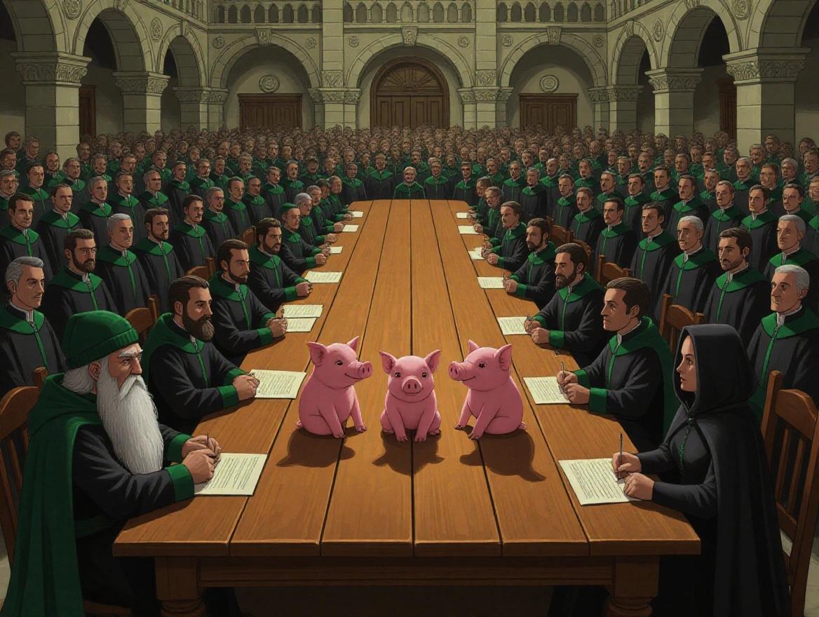 Digital illustration showing a large crowd of people in a grand hall with a long wooden table. Three pig-like creatures are at the center of the table. Men and women wear dark robes with green accents. A bearded man observes from the left, and a woman in a black cloak stands on the right. The hall features high ceilings and stone walls, creating a festive and dramatic atmosphere.