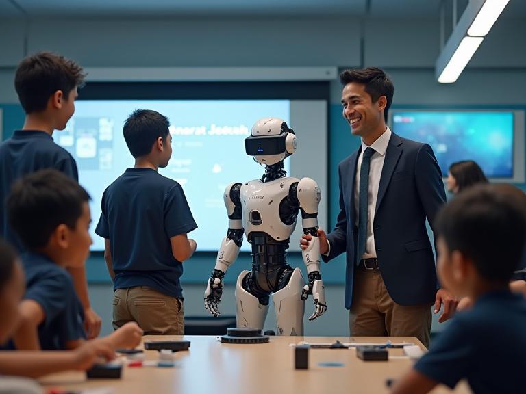Modern student activity room filled with advanced technology. Futuristic robot prepares for a school day. Group of boys engage with VR headsets. Teacher guides students smoothly. Smart board displays "Manarat Jeddah". Room is brightly lit with a polished atmosphere.