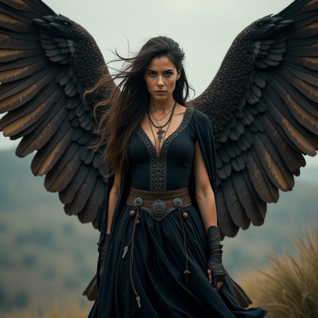 Mystery woman with eagle wings. Dressed in black warrior attire. Strong and determined to achieve her dreams. Fights for freedom and exploration.