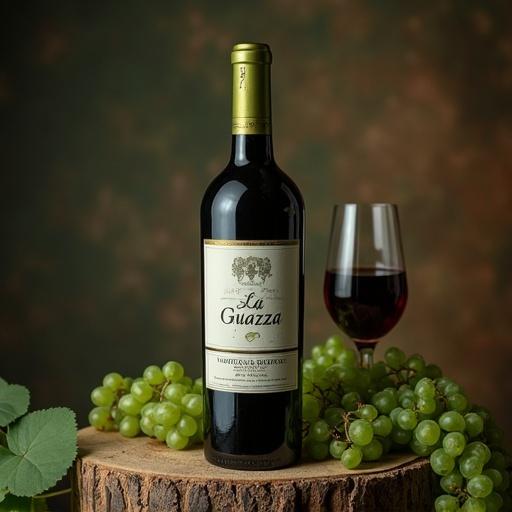 Wine bottle has a green label and features a snail along with the text 'La Guazza'. Glass of wine beside it with grapes in the background.