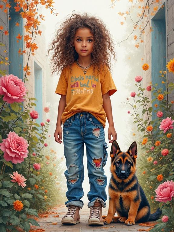 Young girl in denim trousers with patches stands alongside a German shepherd puppy in a colorful flowered alley. The scene is intricately detailed and in high definition.
