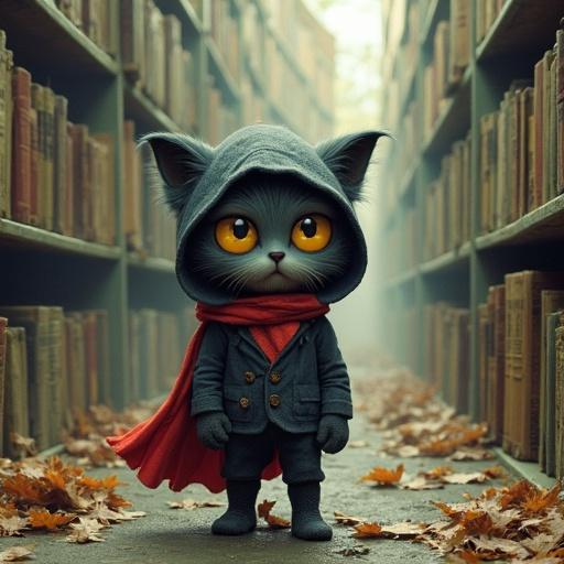 Cat-like character with big eyes in a hooded outfit standing in a library surrounded by books and fallen leaves. Whimsical and charming illustration with fantasy elements.