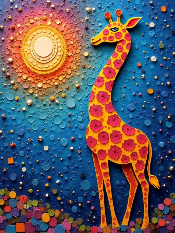 Colorful illustration featuring a giraffe constructed from textured paper quilling techniques against a bright background. A radiant sun illuminates the scene creating a vibrant landscape.