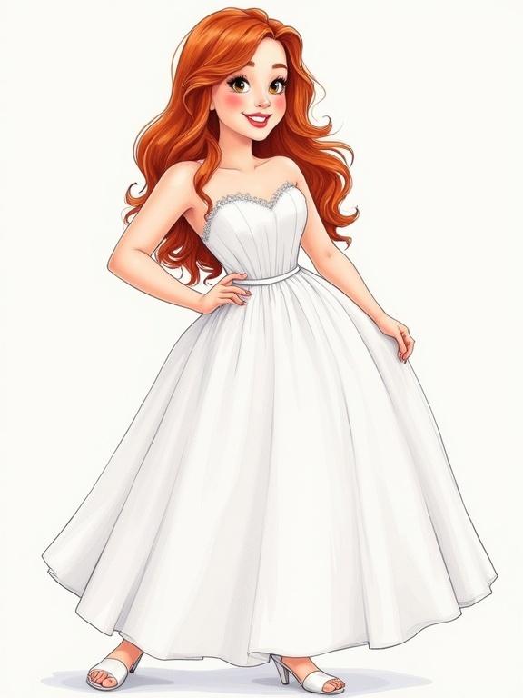 Illustration of a young woman in a white wedding dress. She has long red hair styled in loose waves. The dress is strapless and flows down to the floor. The woman is posing playfully.