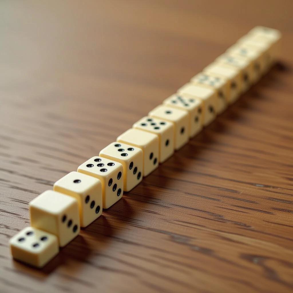 A sequence of dominos arranged in a straight line on a wooden surface. The dominos feature black dots on a cream background. The image captures a close-up view of the dominos without any falling action.