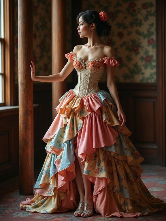 A full body shot showcases a woman in a colorful ruffled dress with a corset. She stands elegantly beside a wooden column. Floral-embroidered heels complete the look. The lighting is soft and diffuse. The scene evokes a sense of elegance with intricate details in the outfit.