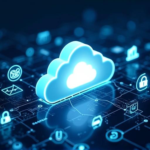 Futuristic cloud computing illustration. Glowing white cloud icon in the center. Interconnected with large glowing blue icons showing data flow. Icons include charts, analytics, email, folders, coding snippets, security symbols. Sharp stylized icons connected by network lines. Neon color scheme with deep blue. Cyberpunk style with holographic UI elements. Dark background with blue neon highlights.