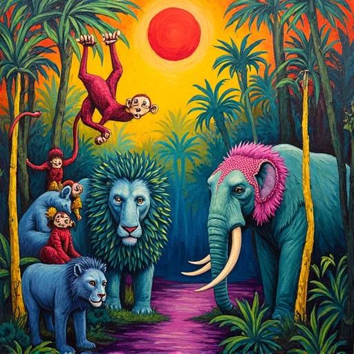 A jungle scene filled with animals. Monkeys swing on yellow trees. A blue lion wears a pink garland. An elephant sprays purple water with its trunk. The sky is vibrant orange and blue. The jungle has intense colors and rough brushstrokes. It creates a lively and wild atmosphere.