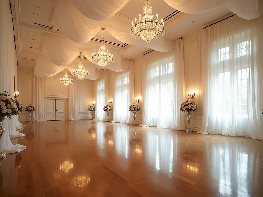 The image depicts an elegantly decorated ballroom featuring draped ceilings and large windows. Soft white drapes cascade from the ceiling, enhancing the grandeur of the space. The polished wooden floor reflects the glow of several ornate chandeliers overhead. Large floral arrangements in elegant vases are positioned around the room, adding a touch of beauty and color. This ballroom is suitable for events such as weddings and formal gatherings.