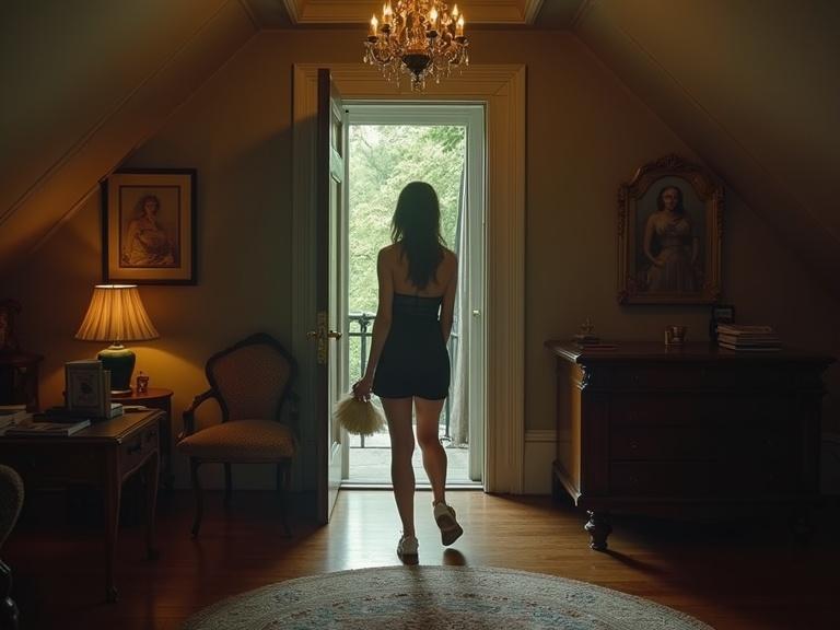 A young woman wears a mini dress. She cleans a magnificent mansion interior. The room is an attic with a door lockable only from the outside. There is a feeling of tension. The atmosphere is elegant and opulent. Psychological suspense fills the air.