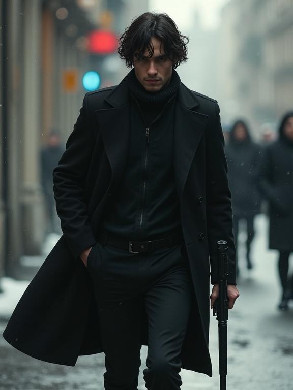 Photorealistic image of an assassin in modern day clothing. Young European man with dark hair walking confidently. Urban setting with a cinematic feel. Armed and dangerous.