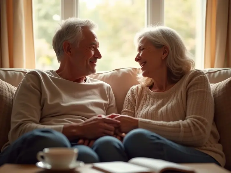 Warm and tender moment between a middle-aged couple on a couch at home. Engaged in empathetic conversation. One partner holding the other's hand. Soft eye contact shows understanding. Cup of tea on the table with a book and notes. Calm and safe atmosphere with natural light. Mood is intimate, conveying trust and connection.