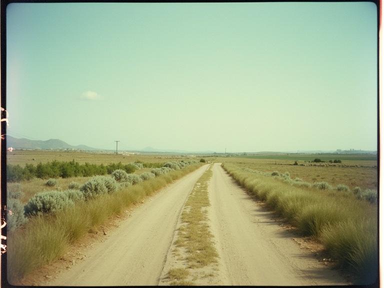Medium quality image showing a dirt road surrounded by grass and shrubs. Landscape shot taken in Castilla La Mancha. Captured on Polaroid film for an analog look. Stablising angle with a clear sky and distant mountains.