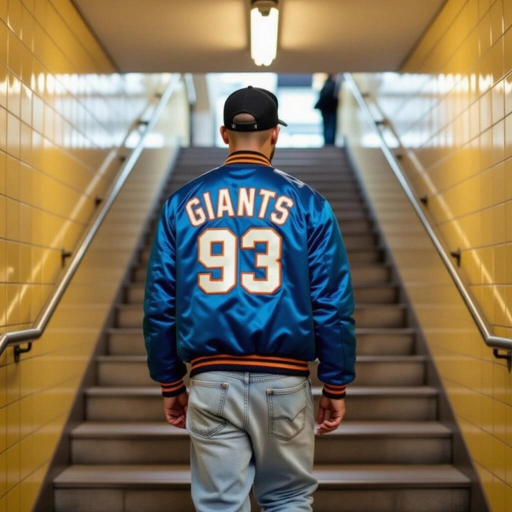 A man in a blue satin bomber jacket with Giants lettering, wearing a black cap and light baggy jeans. The setting is a subway stairway with yellow tiles, reminiscent of the 1970s. The focus is on his back as he walks down the stairs.