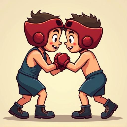 cartoonish image of boys wrestling each other with singlet and headgear