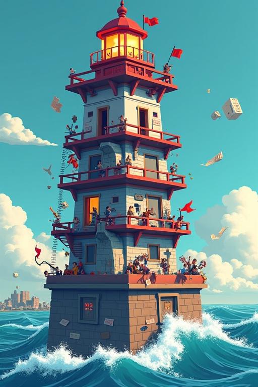 Detailed vector design of a lighthouse shaped apartment building. The structure resembles a keyhole and sways on pixelated waves. Floating rental contracts and eviction notices surround it. Characters celebrate on the roof with banners and flags. The scene emphasizes housing fragility. A vibrant yet dystopian color palette enhances the mood. The title ‘LA KARMELA’ is displayed prominently.