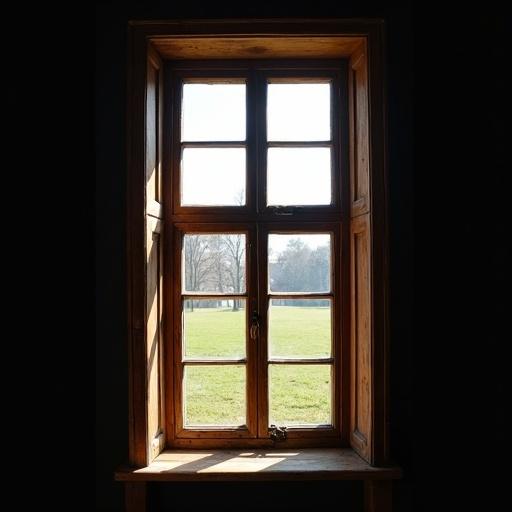 A tall narrow window with multiple small glass panes in a wooden frame has aged wood with a warm dark tone. Hinged shutters open outward. Soft natural light filters through casting shadows. Positioned on the left against a dark background, showcasing Dutch Golden Age architecture.