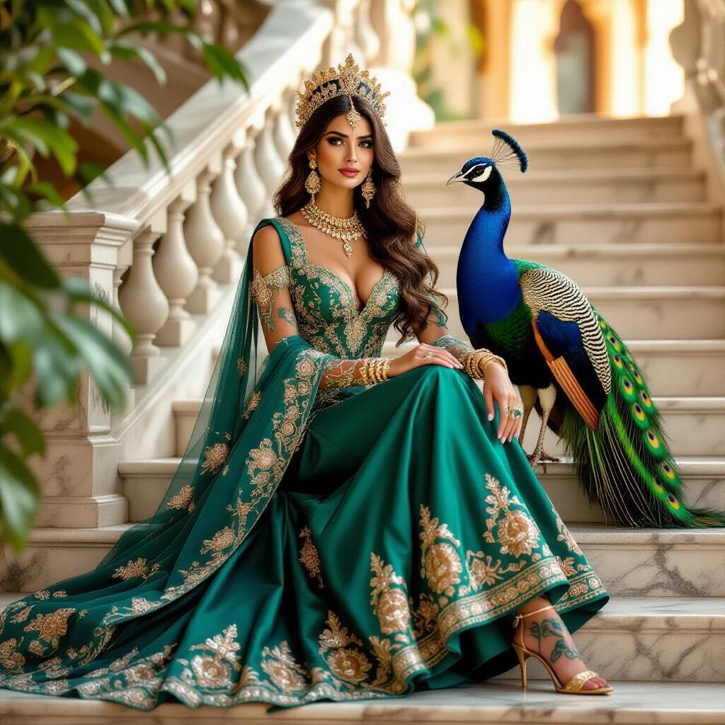 A woman sits on a marble staircase. She wears a teal gown with golden embellishments. The gown has regal motifs. Long hair falls down her back. A peacock stands beside her. The peacock has vibrant blue and green plumage. The setting has lush greenery. The background features historical architecture. The lighting is warm and golden. The scene conveys beauty and serenity.