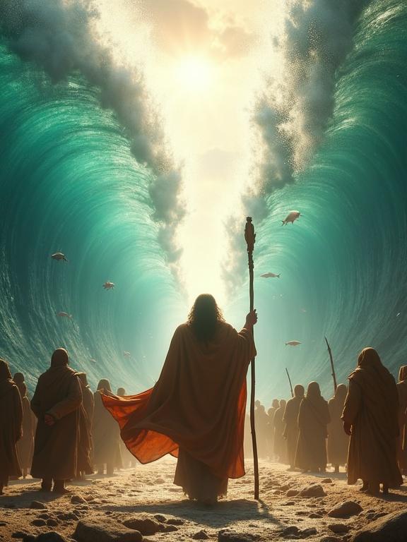 Cinematic scene with Moses parting the Red Sea. He stands center holding a staff in ancient robes. People follow him in awe. Sea is split into walls of water with dry ground in the middle. Water has motion, waves, bubbles, and visible fish. Golden light shines through mist and water. Epic, dramatic atmosphere, wide-angle, hyper-realistic, masterpiece.