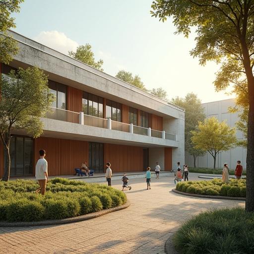 Modern school building with children playing in a big garden. Captivating story through vibrant outdoor activity. Focus on harmonious architecture and natural surroundings. Morning setting enhances the scene.