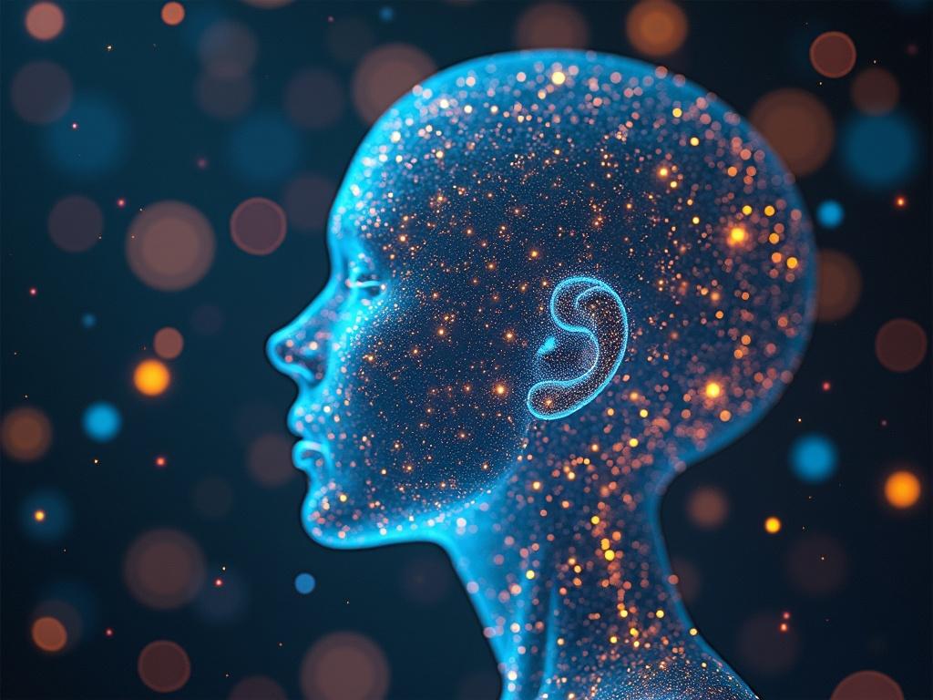 An artistic representation of a human head in profile filled with glowing particles against a dark background. The image symbolizes the synergy between human and digital intelligence.