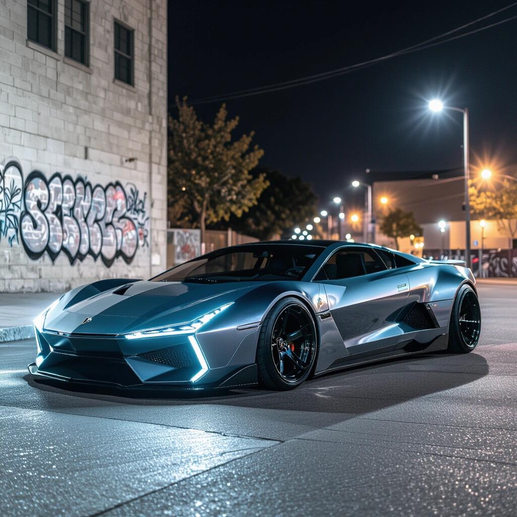 A parked angular dual tone futuristic funnycar low rider captured in a raw photo. The scene set in an epic dark ghetto, featuring dark tech vibes at night. Engraved details and deep grooves enhance the car's design.