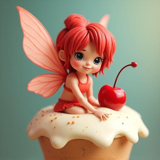 A small red fairy character sitting on top of a sundae. The fairy looks like a cherry and has pink wings. Light background enhances her appearance.