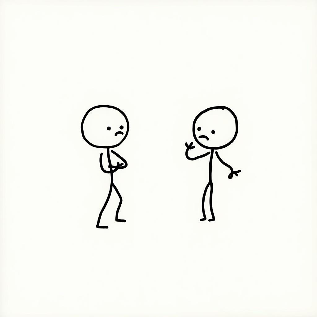 A doodle of two stick figures facing each other. Expressions suggest contemplation. One has arms crossed and a frown. Other has hands raised. Symbolizes passive-aggressive communication. Minimalistic style conveys emotional depth. Highlights value of direct communication.