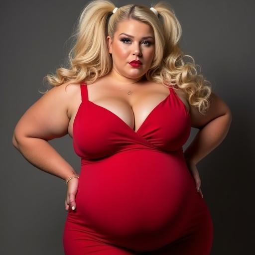 A beautiful plus-size woman with blonde hair in pigtails. She wears a red dress that accentuates her curves. The dress features a deep neckline showing cleavage. The setting is neutral, highlighting her figure.