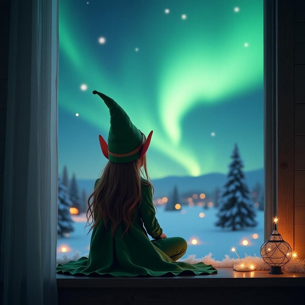 This image depicts a girl elf on the shelf named Fenna, who is gazing up at a beautiful display of northern lights from a cozy window. The setting is wintery, with a pristine snowy landscape outside adorned with twinkling lights. Fenna is dressed in a vibrant green elf costume with pointed ears and a matching hat. Beside her, there's a softly glowing lantern, enhancing the magical atmosphere. The overall ambiance evokes a feeling of wonder and the joy of the Christmas season.