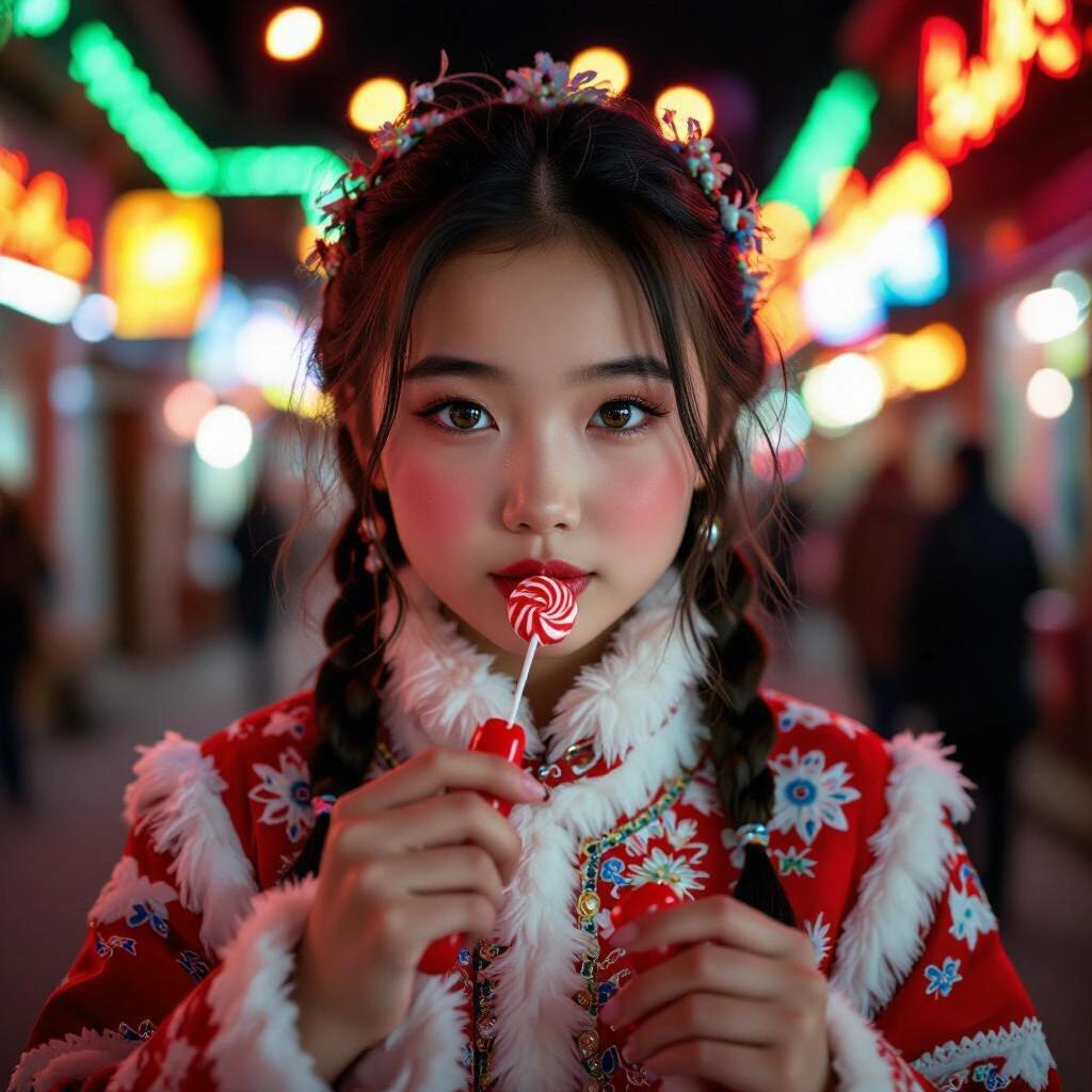 Young girl in traditional Siberian clothing holds a lollipop and joystick. Neon lights reflect on her skin. Shot from above, showcasing a 3/4 view. Sadistic smirk adds a playful touch.